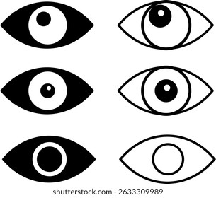 ícone de olho definido. Ícones de Exibição e de Olho. Consulte símbolo. Símbolo de visão. Mostrar senha. Exame de imagem da retina de sinais oculares
