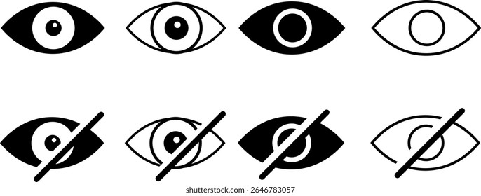 ícone de olho definido. Ícones de visualização e de olho. conceito invisível visível. Consulte e desveja o símbolo. Mostrar senha. senha oculta
