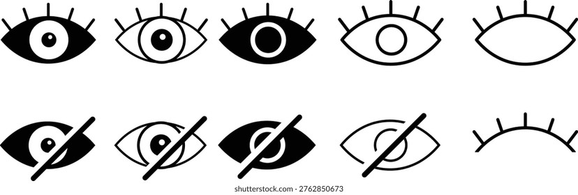 eye icon set. View and unview icons. visible invisible concept. See and unsee symbol. Show password. hidden password
