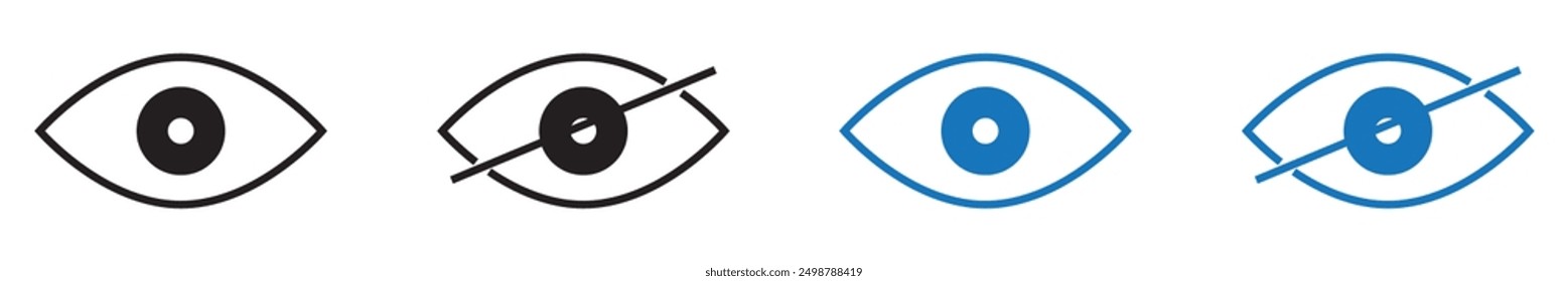 Eye icon set. vision icon, see view icons. Eyesight symbol, incognito icon no eye view hidden icon set. Editable stroke