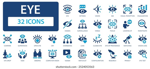 Eye icon set. Vision, see, visible, eyes, focus, view, witness.