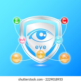 Eye icon in shield blue. Protect the eye stay healthy. Radius vitamins, omega 3, Lutein and Zeaxanthin ring surrounds. For nutrition products design. Isolated on solid background. 3D vector EPS10.