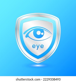 Eye icon in shield blue. Protect the eye stay healthy. For nutrition products food. Metal aluminum label isolated realistic on solid background. Medical scientific concepts. 3D Vector illustration.
