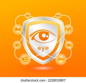 Eye icon in shield orange. Radius vitamins and omega 3 ring surrounds. Protect the eye stay healthy. For nutrition products design.  Label isolated on solid background. Medical concepts. 3D vector.