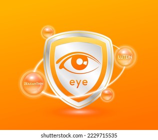 Eye icon in shield orange. Zeaxanthin and Lutein capsules around. Protect the eye stay healthy for good vision. For nutrition products to help improve eyesight. 3D Vector illustration.