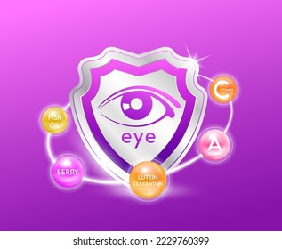Eye icon in shield purple. Vitamins Berry Fish oil Zeaxanthin and Lutein protect the eye stay healthy for good vision. For nutrition products to help improve eyesight. 3D Vector illustration.