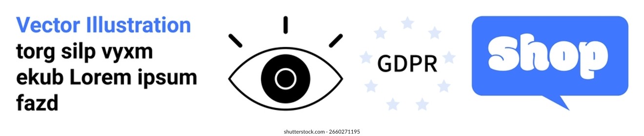 Icono de ojo con texto en una burbuja de discurso, cumplimiento del RGPD y la palabra Shop en azul. Ideal para temas de seguridad, cumplimiento, comercio electrónico, marketing digital y privacidad en línea. Página de destino de Anuncio
