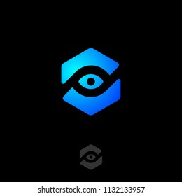 Eye icon, UI.  Tracking, monitoring logo. Eye care emblems. View, webcam, watching icons. Eye symbol on a Web button. Monochrome option.