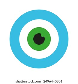 Eye icon vector. Blue circle background. Green and black design. Vision symbol.