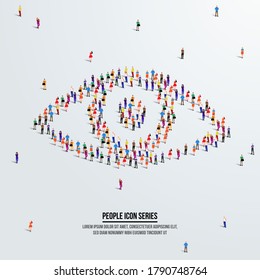 eye icon or vision or ophthalmology concept. large group of people form to create a shape eye. vector illustration.