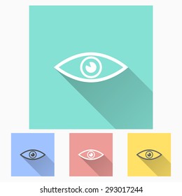 Eye - icon is white with long shadow, flat design. Vector illustration.