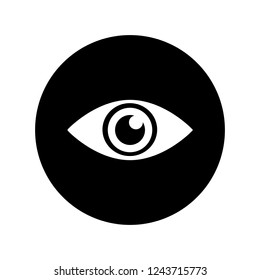Eye icon in white on black circle .Simple black eye symbol in flat style isolated on white background. Simple eye vector abstract icon for web site design or button to mobile app. Vector illustration.