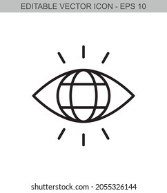 Eye icon with world sign. Editable line icon.