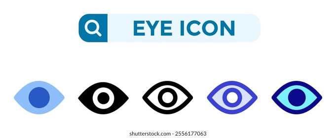 Eye icons in 5 different vector illustration styles. Settings icons in flat, solid, line, blue and color styles. Vector illustrations can be used for web, mobile, ui