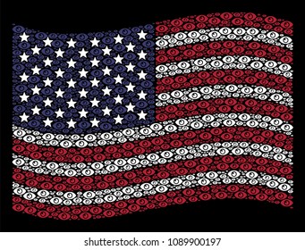Eye icons are arranged into waving United States flag abstraction on a dark background. Vector collage of America state flag is done of eye items. Designed for political and patriotic agitprop.