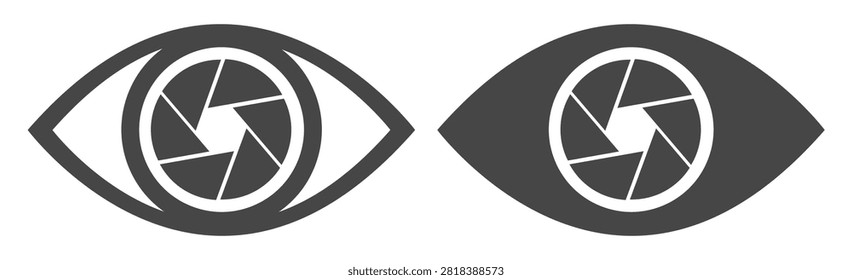 Eye icons with camera shutter pupils. Vision and photography symbols in vector style.