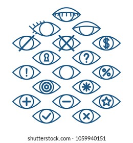 Eye icons for different actions, set of outline eye pictograms, vector operation icons