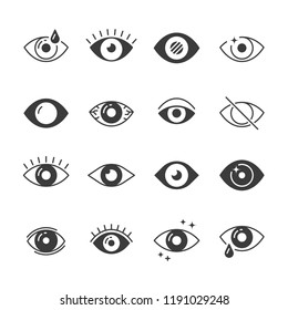 Eye icons. Human eyes, vision and view signs. Visible, sleep and medicine supervision observe, lens or cry, eyesight health outline silhouette vector isolated symbols set