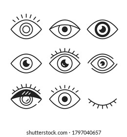 Eye icons. Open and closed eyes symbols. Outline style, linear graphic design elements. Vector line icons set