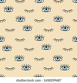 Eye icons pattern flat and outline style. Open and closed eyes images, sleeping eye shapes with eyelash, vector supervision and searching signs illustration  on a  background.Human see organ 