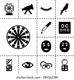 Eye icons. set of 13 editable filled eye icons such as eyelash, eyeshadow palette, welding glasses, telescope, eye, sparrow, pipette, dart, dollar smiley