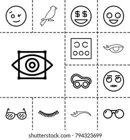 Eye icons. set of 13 editable outline eye icons such as eyelash, welding glasses, crazy emot, wink emot, rolling eyes emot, dollar smiley, eye test, sunglasses