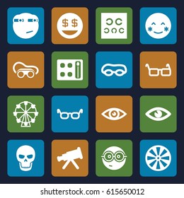 Eye icons set. set of 16 eye filled icons such as eyeshadow palette, welding glasses, blush, nerd emoji, dollar smiley, rolling eyes emoji, glasses, skull, dart, telescope