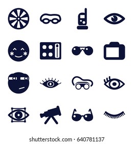 Eye icons set. set of 16 eye filled icons such as baby monitor phone, eyelash, eyeshadow palette, eye, welding glasses, blush, camera display, sunglasses, dart, telescope