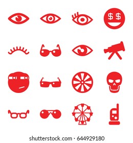 Eye icons set. set of 16 eye filled icons such as baby monitor phone, eyelashes, dollar smiley, rolling eyes emoji, eye, sunglasses, skull, dart, glasses, telescope