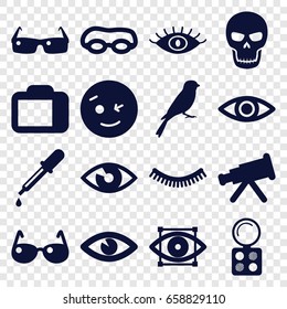 Eye icons set. set of 16 eye filled icons such as sparrow, pipette, eyelash, eyeshadow palette, wink emot, camera display, sunglasses, skull, telescope