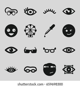 Eye icons set. set of 16 eye filled icons such as pipette, eye, eyelashes, welding glasses, crazy emot, wink emot, sunglasses, glasses, ferris wheel