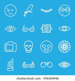 eye icons set. Set of 16 eye outline icons such as sparrow, baby monitor phone, eyelash, camera display, sunglasses, skull, crazy emot, wink emot, nerd emoji