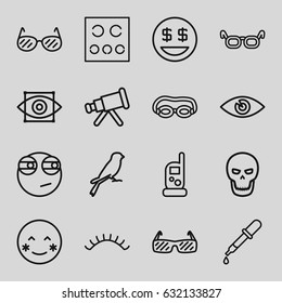 Eye icons set. set of 16 eye outline icons such as sparrow, baby monitor phone, pipette, eyelashes, eye, sunglasses, skull, blush, dollar smiley, glasses, telescope