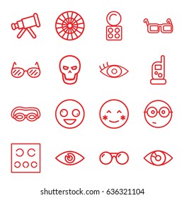 Eye icons set. set of 16 eye outline icons such as baby monitor phone, eyeshadow palette, glasses, sunglasses, skull, crazy emot, blush, nerd emoji, telescope