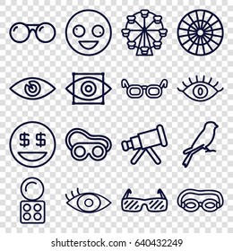 Eye icons set. set of 16 eye outline icons such as sparrow, eyeshadow palette, welding glasses, sunglasses, crazy emot, dollar smiley, glasses, telescope, ferris wheel