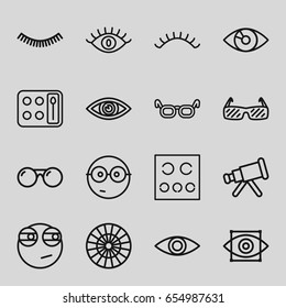 Eye icons set. set of 16 eye outline icons such as eyelash, eyeshadow palette, eye, eyelashes, sunglasses, nerd emoji, glasses, telescope