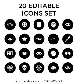 Eye icons. set of 20 editable filled eye icons such as eye, eyelashes, blush, ferris wheel, sunglasses, skull, pipette, dart. best quality eye elements in trendy style.