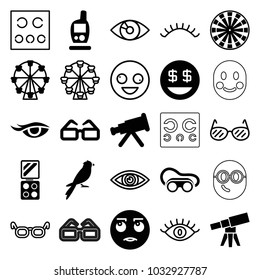 Eye icons. set of 25 editable filled and outline eye icons such as welding glasses, telescope, rolling eyes emot, dollar smiley, ferris wheel, eye, eyelashes, glasses