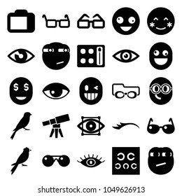 Eye icons. set of 25 editable filled eye icons such as sparrow, eyeshadow palette, eye, crazy emot, blush, rolling eyes emoji, glasses, camera display, sunglasses, telescope