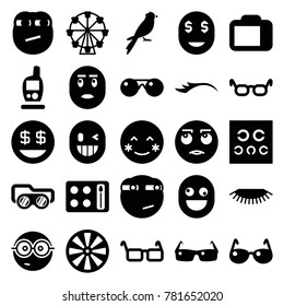 Eye icons. set of 25 editable filled eye icons such as glasses, blush, rolling eyes emot, nerd emoji, dollar smiley, rolling eyes emoji, dart, ferris wheel, eye test