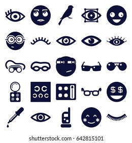 Eye icons set. set of 25 eye filled icons such as sparrow, baby monitor phone, pipette, eyelash, eyeshadow palette, eye, eyelashes, welding glasses, crazy emot, blush