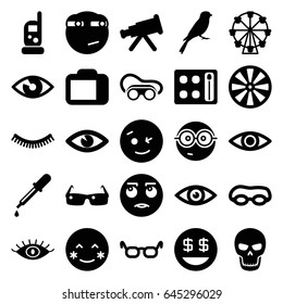 Eye icons set. set of 25 eye filled icons such as sparrow, baby monitor phone, pipette, eyelash, eyeshadow palette, eye, welding glasses, blush, wink emot, rolling eyes emot