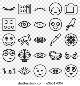 Eye icons set. set of 25 eye outline icons such as sparrow, pipette, eyelash, eyeshadow palette, eye, eyelashes, welding glasses, eye test, glasses, camera display, sunglasses