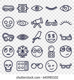 Eye icons set. set of 25 eye outline icons such as sparrow, eyelash, eyeshadow palette, eyelashes, welding glasses, eye, glasses, sunglasses, eye scan, skull, crazy emot
