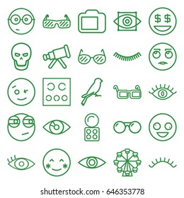 Eye icons set. set of 25 eye outline icons such as sparrow, eyelash, eyeshadow palette, eye, eyelashes, eye test, glasses, camera display, sunglasses, skull, crazy emot, blush