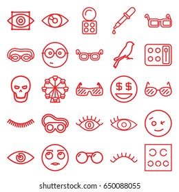 Eye icons set. set of 25 eye outline icons such as sparrow, pipette, eyelash, eyeshadow palette, eye, eyelashes, welding glasses, glasses, sunglasses, skull, wink emot