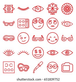 Eye icons set. set of 25 eye outline icons such as pipette, eyelash, eyeshadow palette, eye, eyelashes, welding glasses, eye test, camera display, sunglasses, blush, wink emot