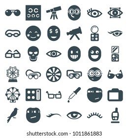 Eye icons. set of 36 editable filled eye icons such as eyeshadow palette, eyelashes, welding glasses, telescope, blush, nerd emoji, rolling eyes emoji, dart, ferris wheel