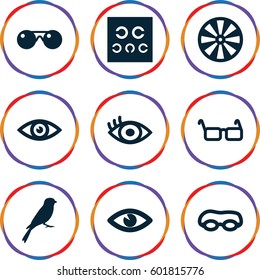 eye icons set. Set of 9 eye filled icons such as sparrow, glasses, sunglasses, dart
