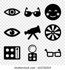 Eye icons set. set of 9 eye filled icons such as eyeshadow palette, blush, eye, glasses, sunglasses, dart